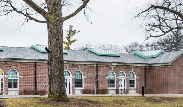 Brick school exterior with arched classroom windows beneath mature trees