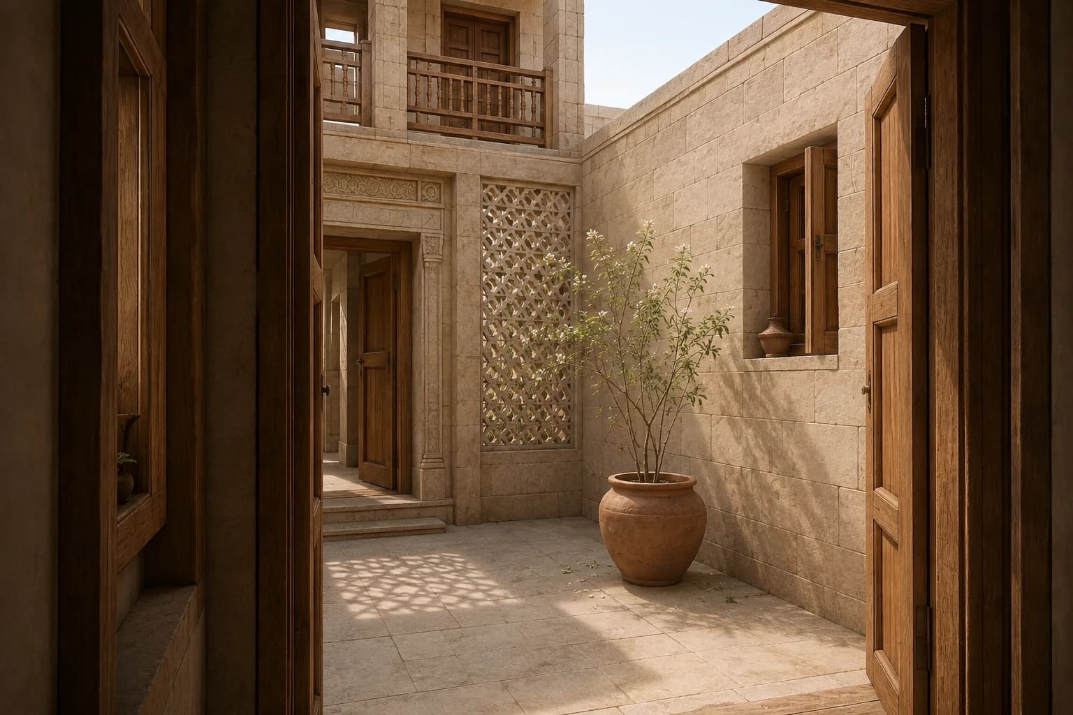 Courtyard material study with filtered light through stone jali screens, timber doors, and planting beneath an open sky
