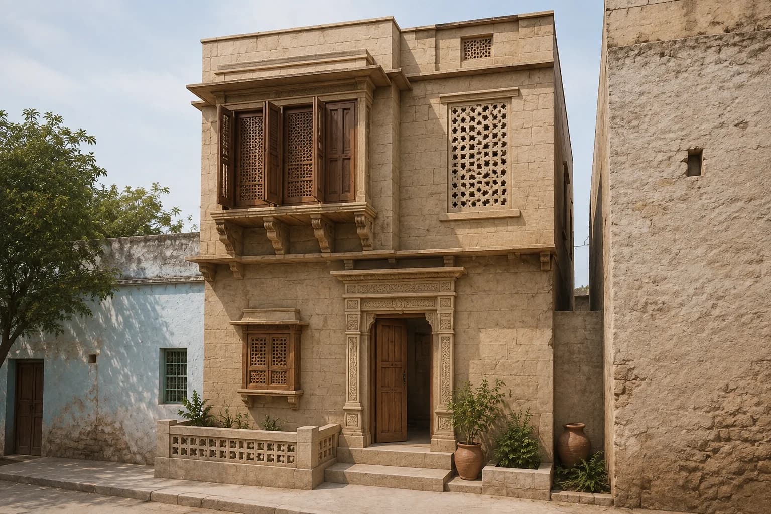 Conceptual two-storey village house with a jharokha, carved stone doorway, timber shutters, and a planted threshold