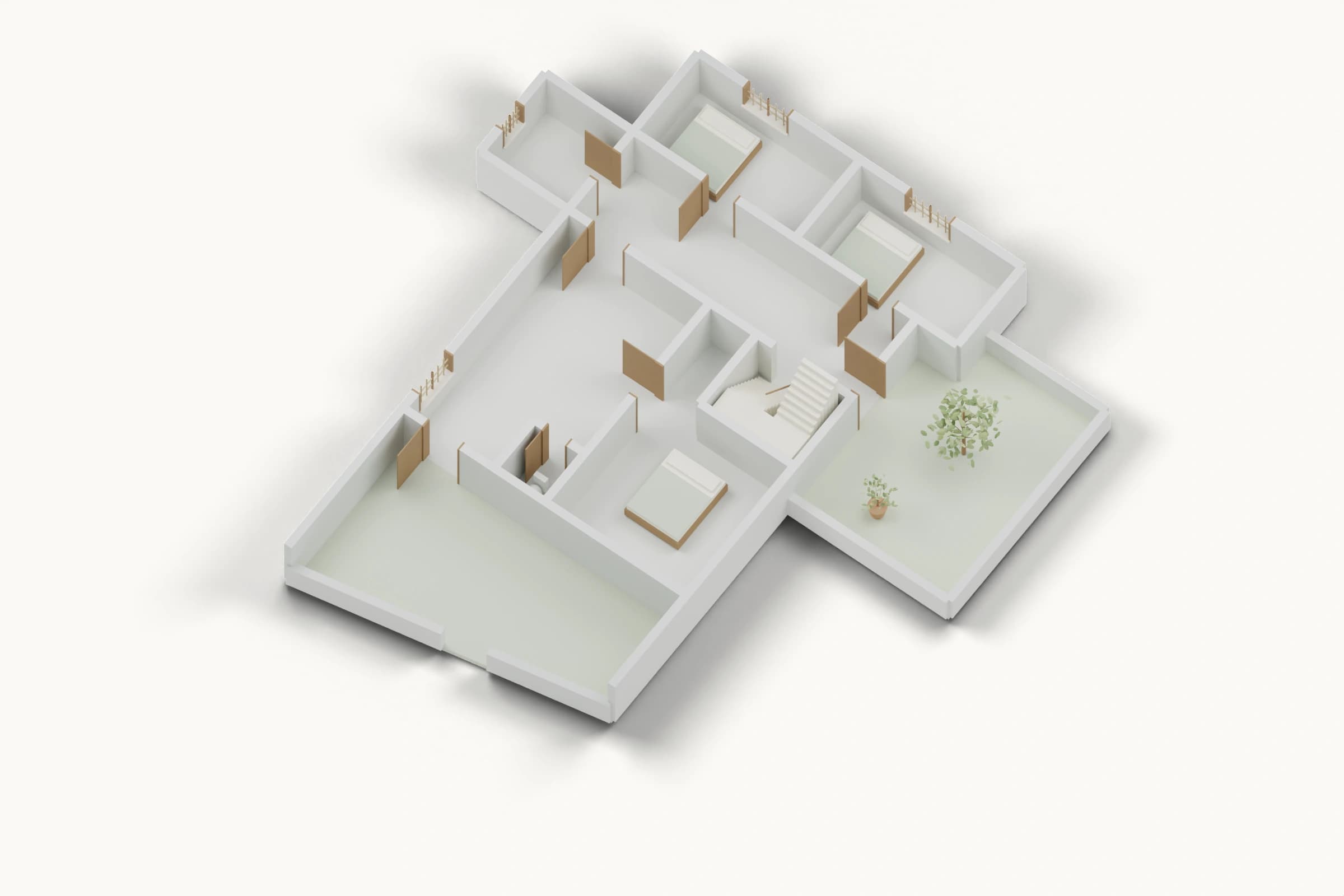 R1 surveyed ground floor, a cutaway using the same walls, openings and courtyard geometry as its paired plan