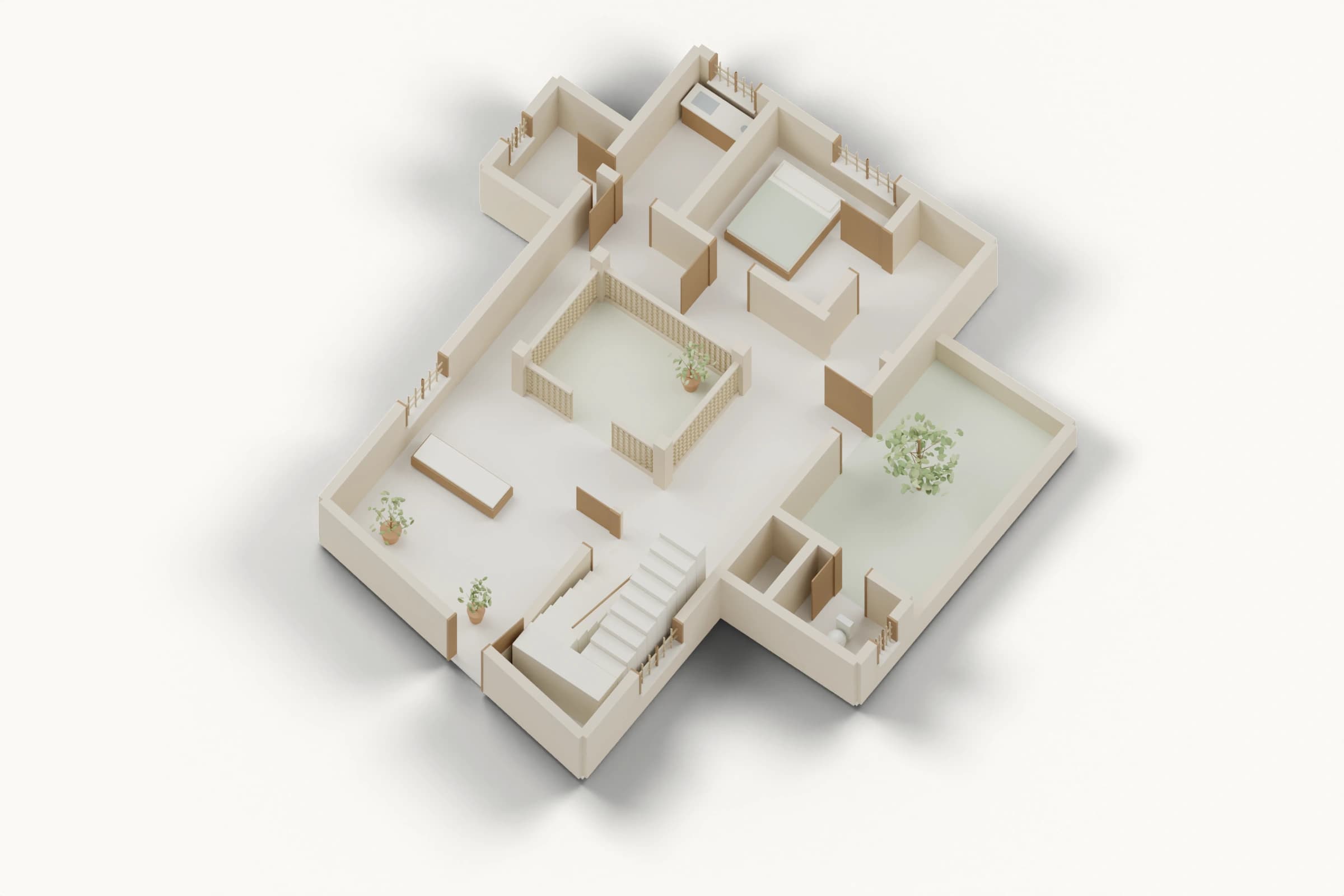 R1 proposed ground floor, a cutaway using the same walls, openings and courtyard geometry as its paired plan