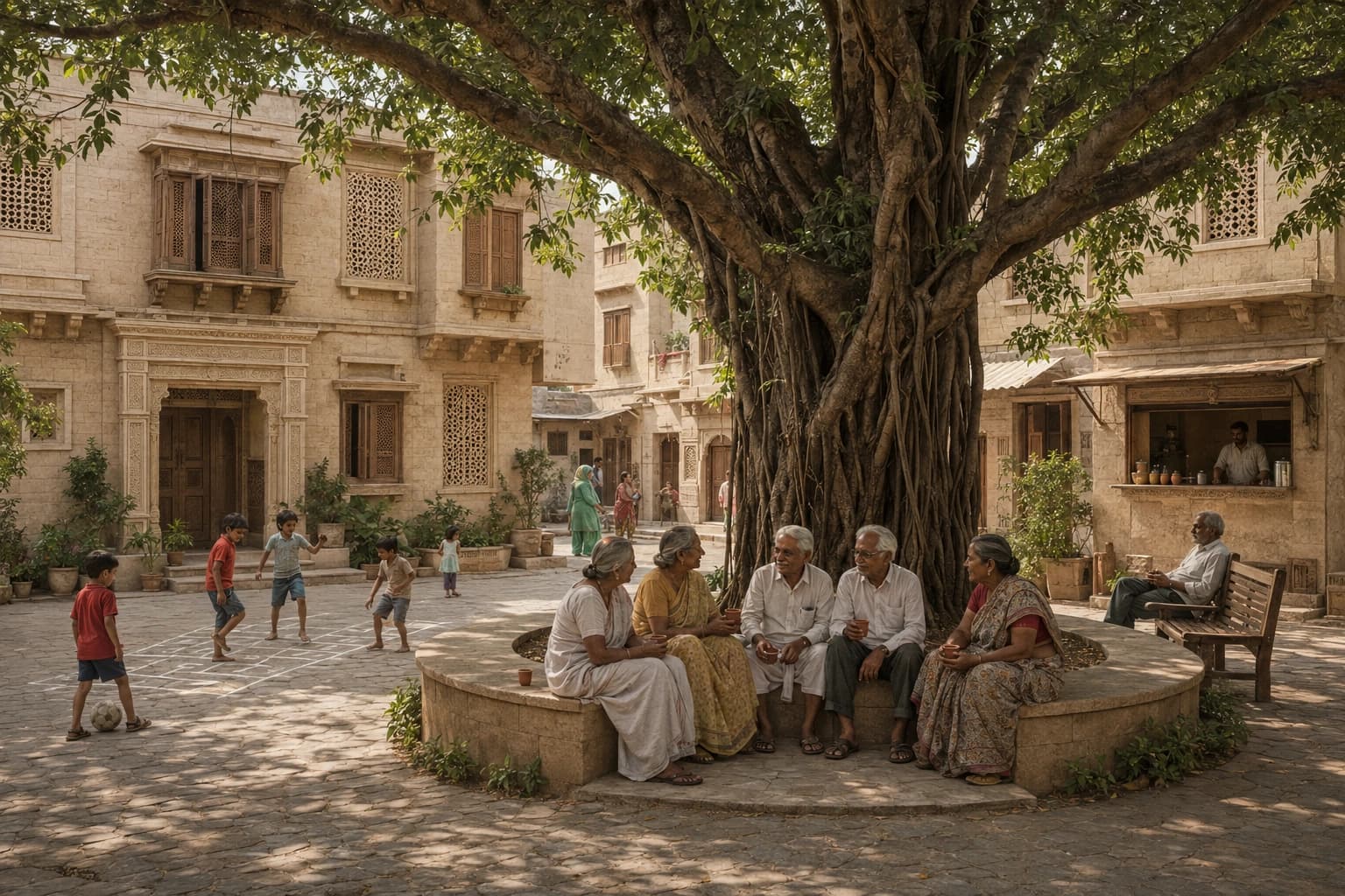 Senior village residents drink tea from terracotta kulhads beneath a large banyan tree while children play in a shaded community court