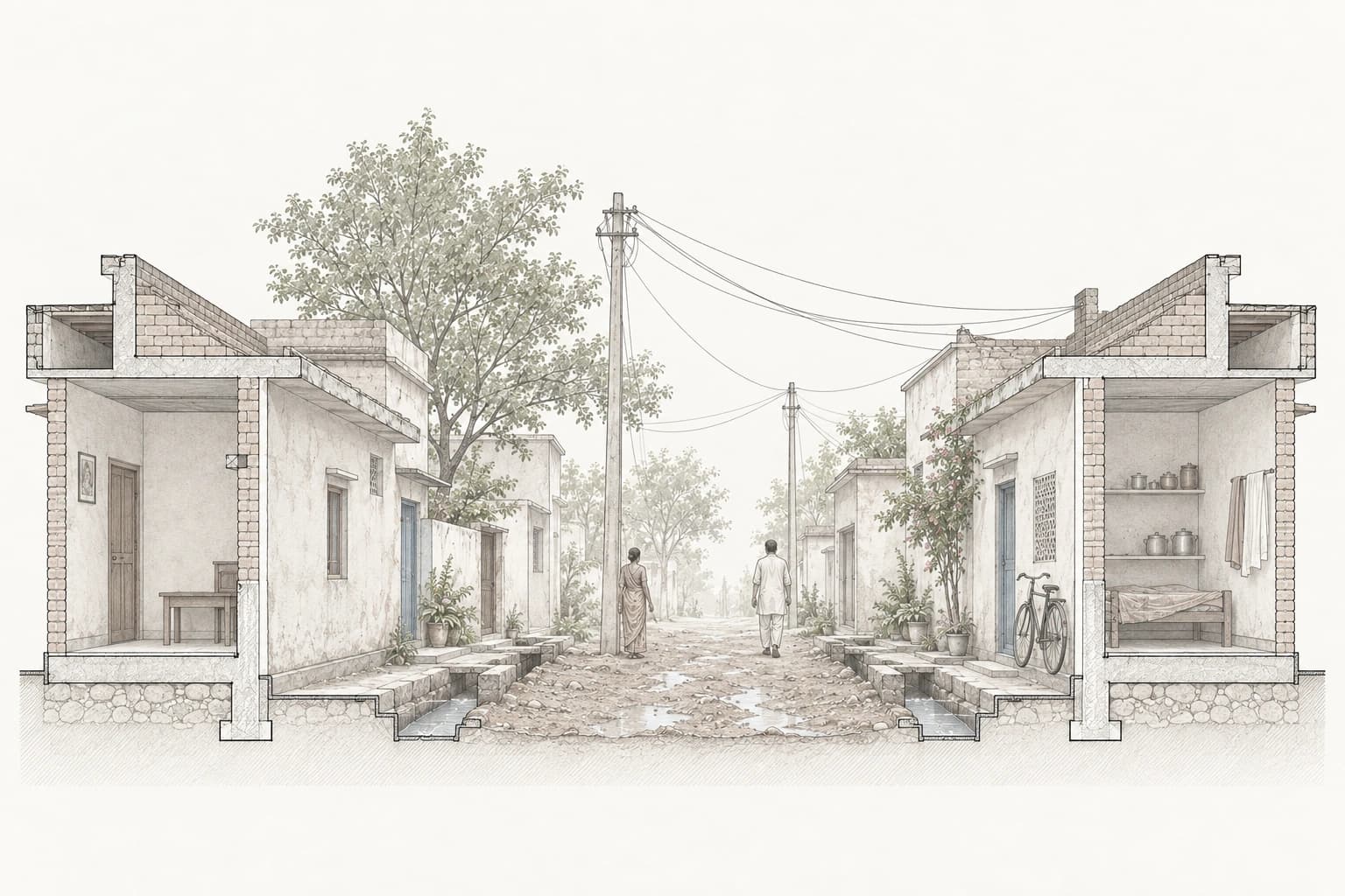Quiet conceptual section in fine grey linework, showing the existing village lane, open drains, overhead wires and homes on both sides