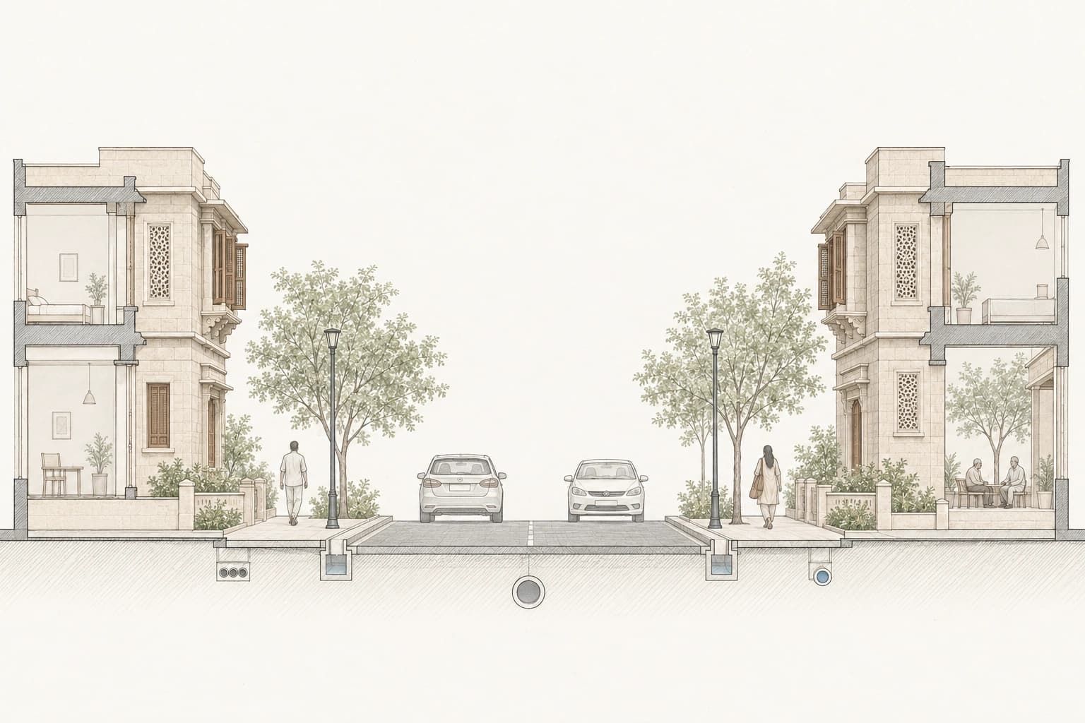 Fine-line conceptual street section with pale stone and sage washes, two-way traffic, footpaths, planted thresholds, lighting and separate underground services