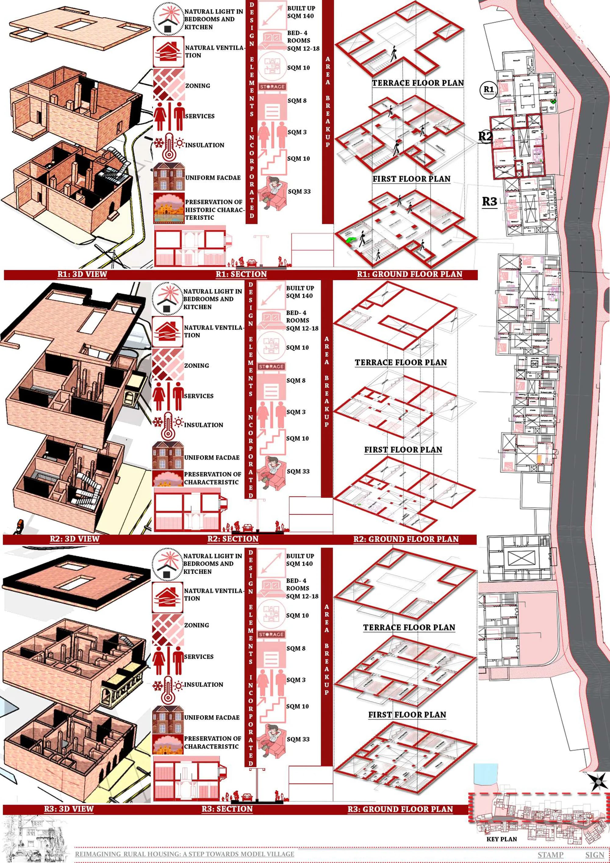 Housing study sheet with axonometric views, plans, sections, and material diagrams